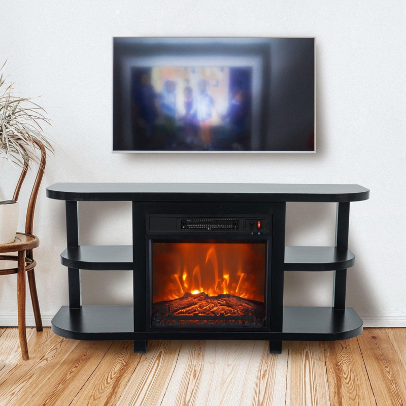 TV Stand Curved Open Shelving Matte Black Electric Fireplace Console