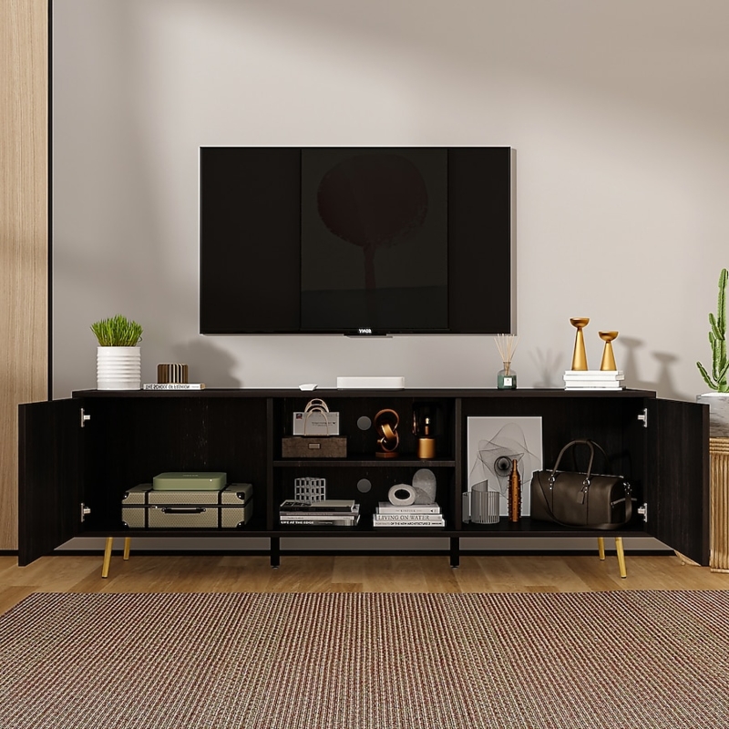 TV Stand Dark Wood Finish with Tapered Gold Legs, Modern Media Console