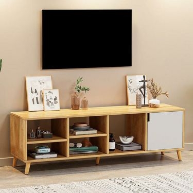 TV Stand Divided Cubby Storage Wood Toned Scandinavian Console