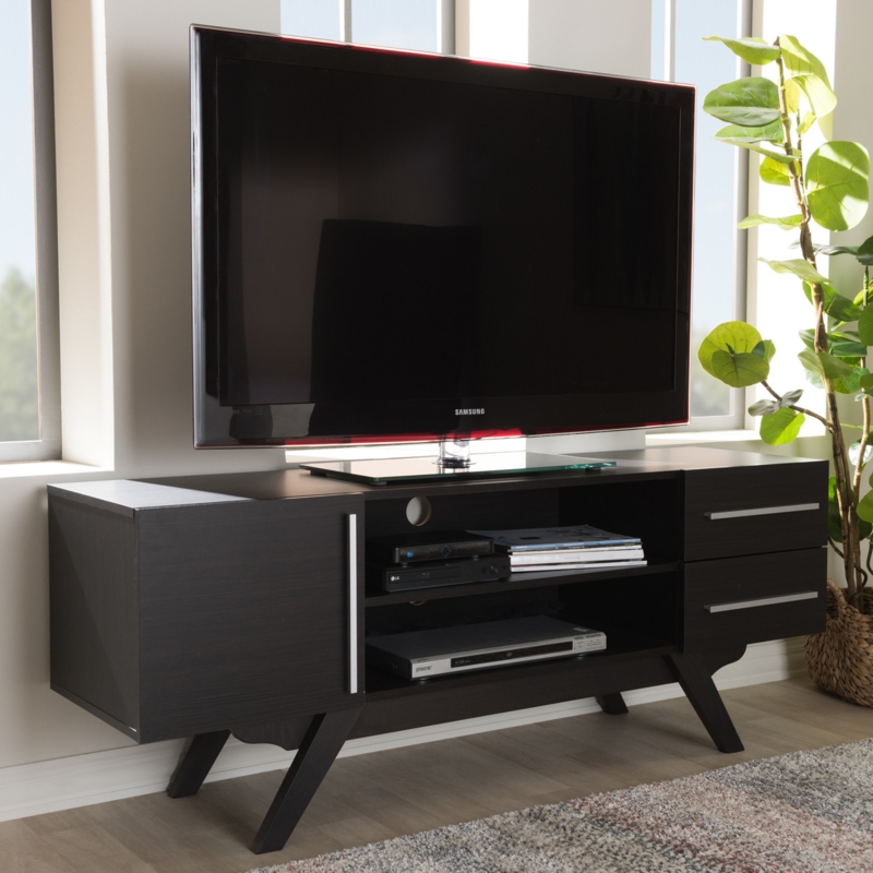 TV Stand Espresso Finish Asymmetrical Storage Dark Brown Media Console