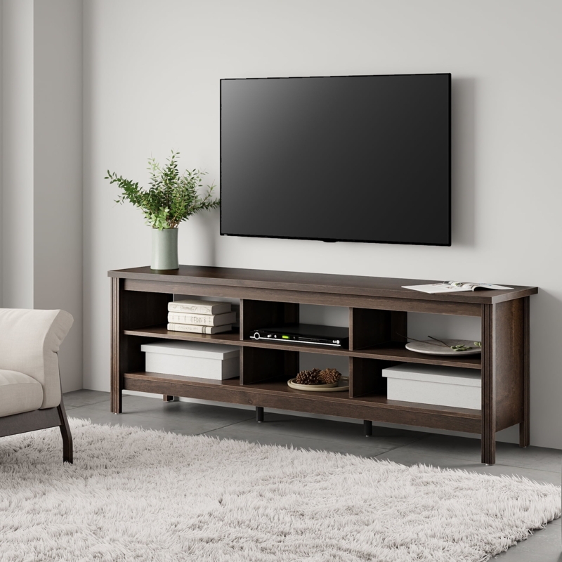 TV Stand Espresso Finish Open Storage Wide Profile Transitional Style