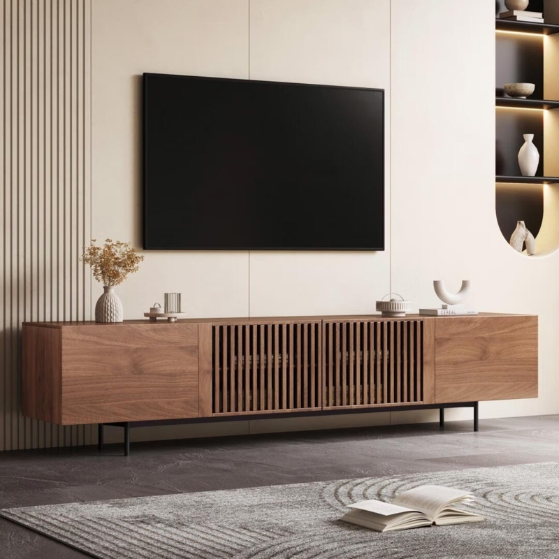 TV Stand Extra Wide with Slatted Doors and Ribbed Texture Mid-Century