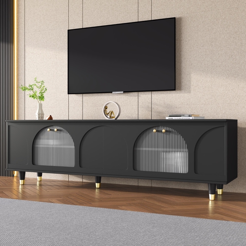 TV Stand Featuring Arched Fluted Glass Doors, Black Fluted Media Console