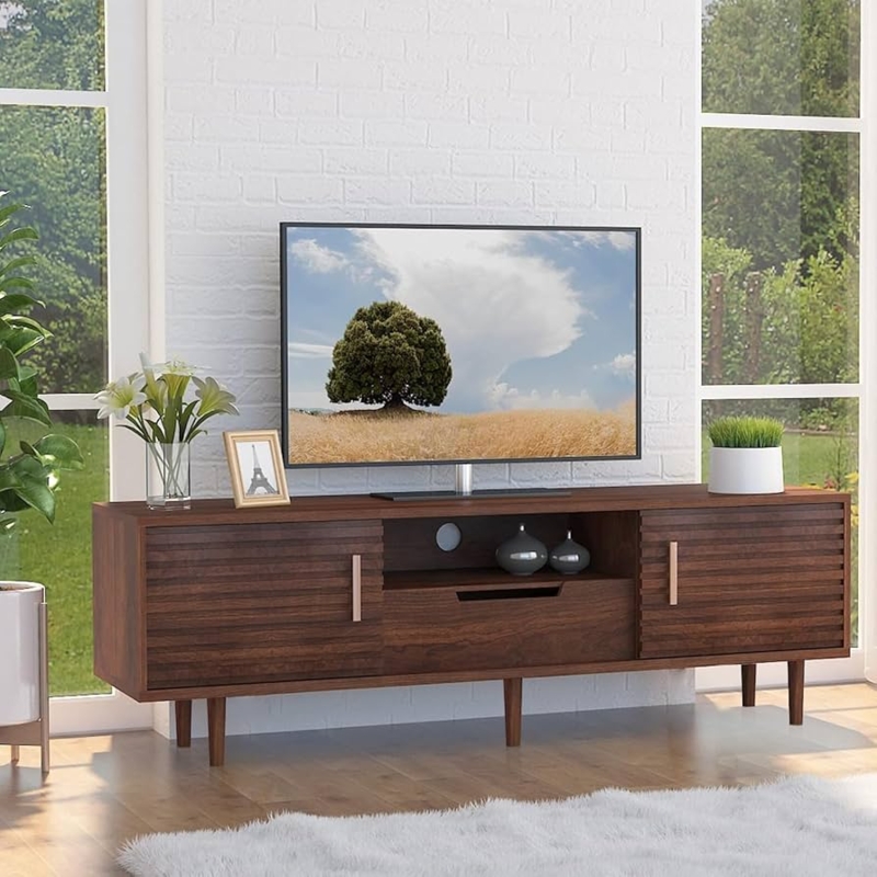 TV Stand featuring Center Drawer, Ribbed Doors, Brown 59 Inch TV Console.