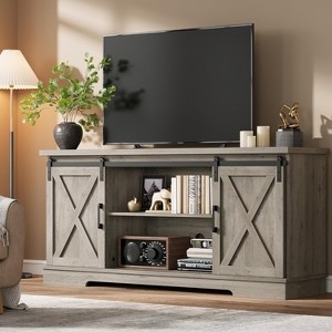 TV Stand featuring Gray Wood Grain Finish and Open Central Shelving