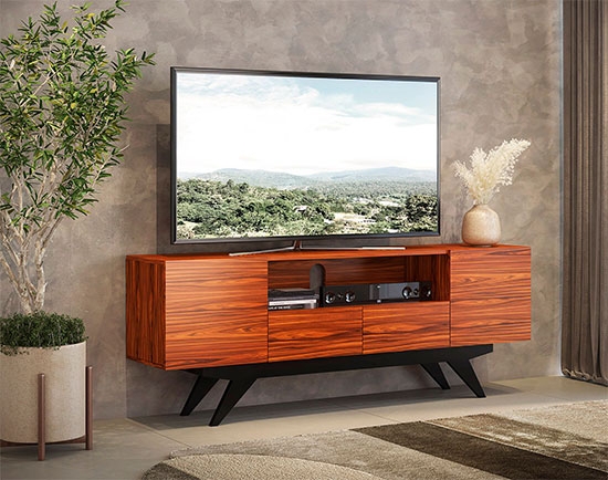 TV Stand featuring Horizontal Grain, Angled Black Base, Satin Wood Finish.