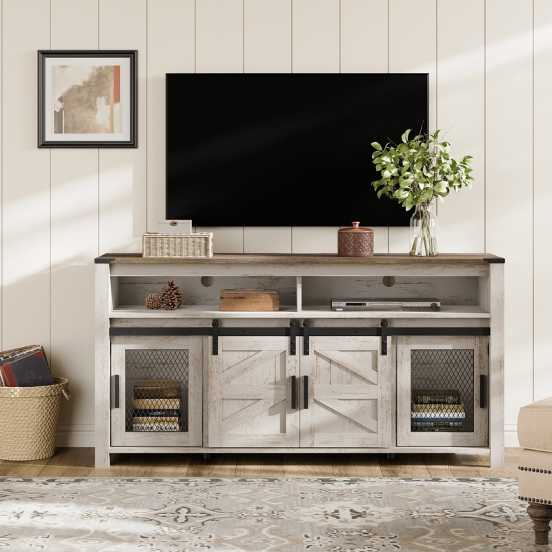 TV Stand featuring Mesh Fronts and Distressed White Wood Finish