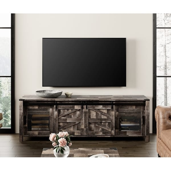 TV Stand featuring Mesh Inserts and Weathered Industrial Finish