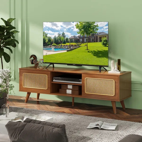 TV Stand featuring Rattan Door Panels, Woven Texture, Walnut Finish.