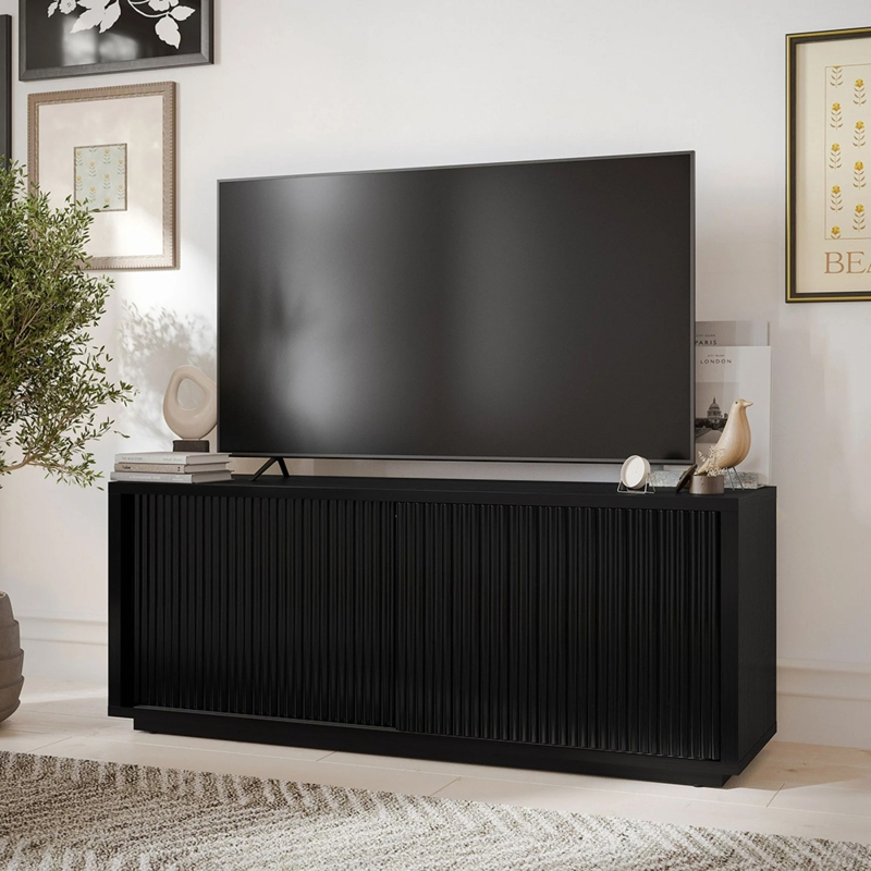 TV Stand Fluted Sliding Doors Matte Black Finish Plinth Base