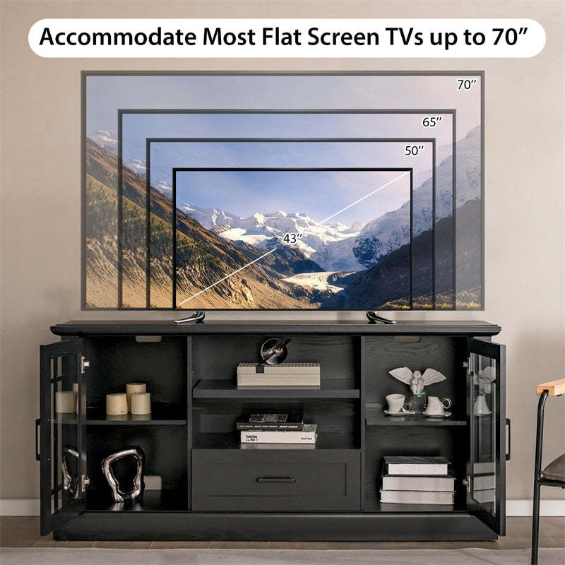 TV Stand for TVS Up to 70 with Glass Doors Cubbies and Drawer-Black | Costway