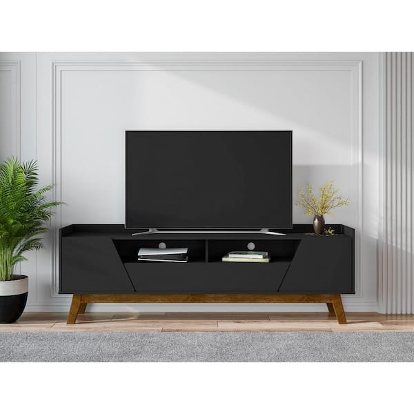 TV Stand Geometric Front Panels Splayed Wood Legs Matte Black TV Stand