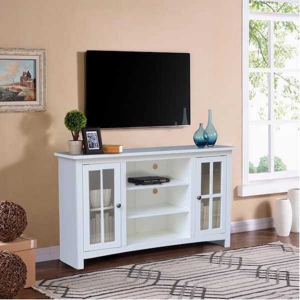 TV Stand Glass Mullion Doors Solid Wood Farmhouse Media Cabinet