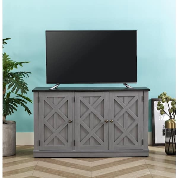 TV Stand Gray Finish X-Brace Doors Contrasting Dark Top Media Console