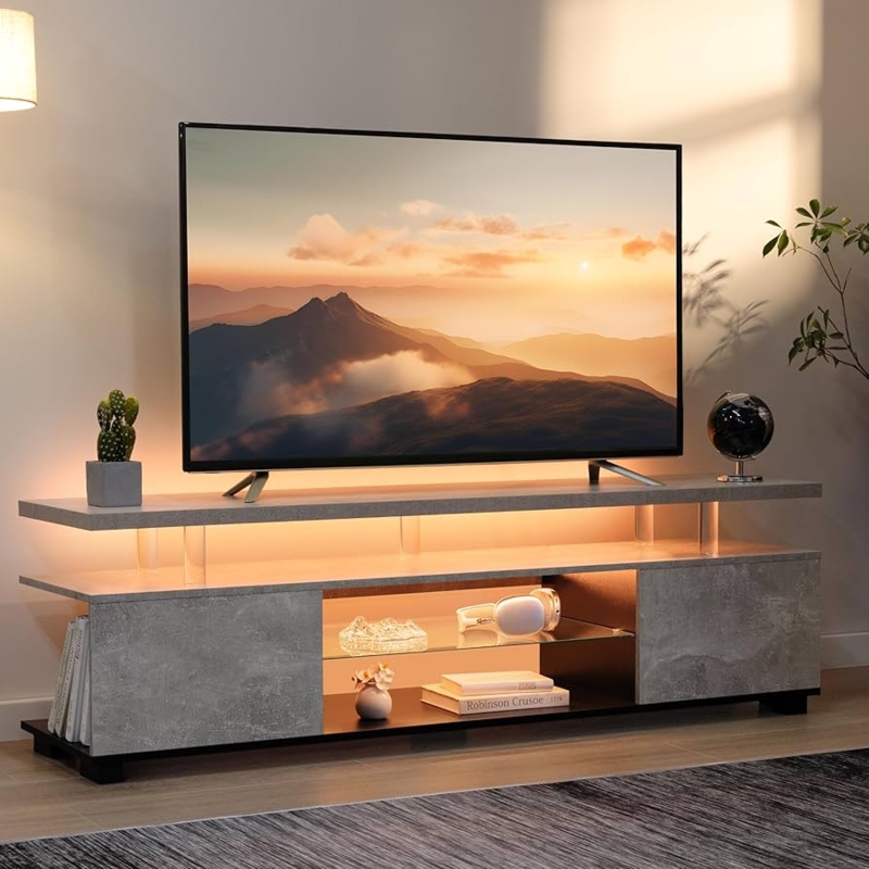 TV Stand Grey Stone-Like Finish Integrated LED Floating Tier Design