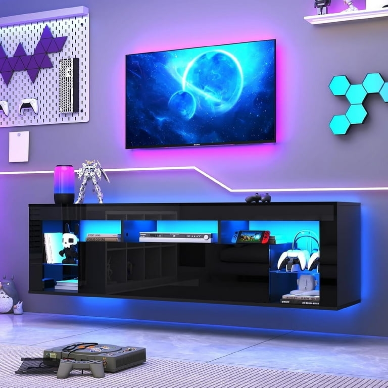 TV Stand High Gloss Black Integrated LED Lighting Gaming Console