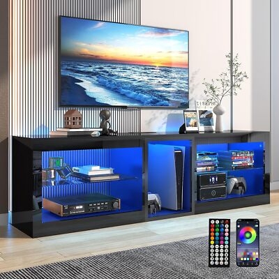 TV Stand High-Gloss Black Minimalist with Blue LED Glow