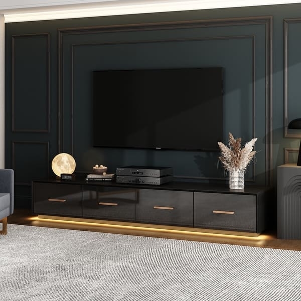 TV Stand High Gloss Black Under Cabinet Lighting Gold Accents