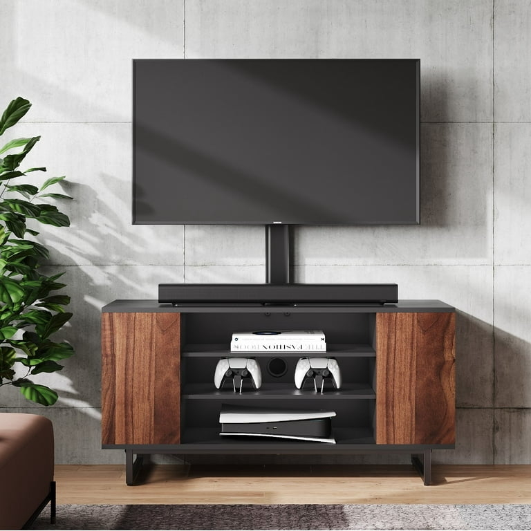 TV Stand in Charcoal Gray with Walnut Doors, Industrial Mount Console