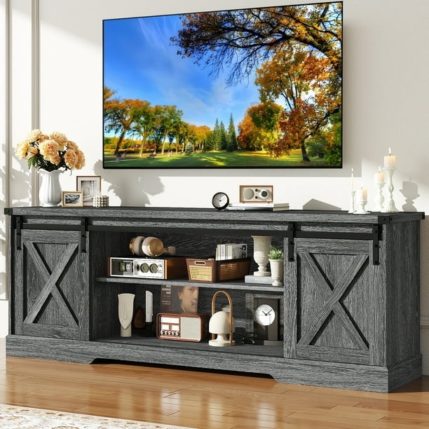 TV Stand in Charcoal Grey Finish with Rustic X-Brace Barn Doors