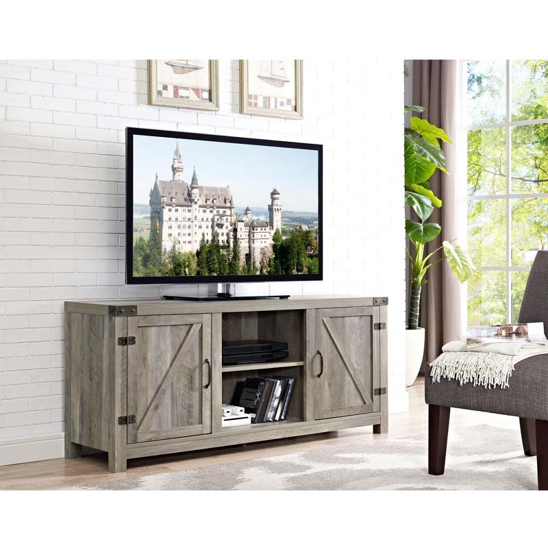 TV Stand in Grey Wash Finish with Black Metal Corner Accents