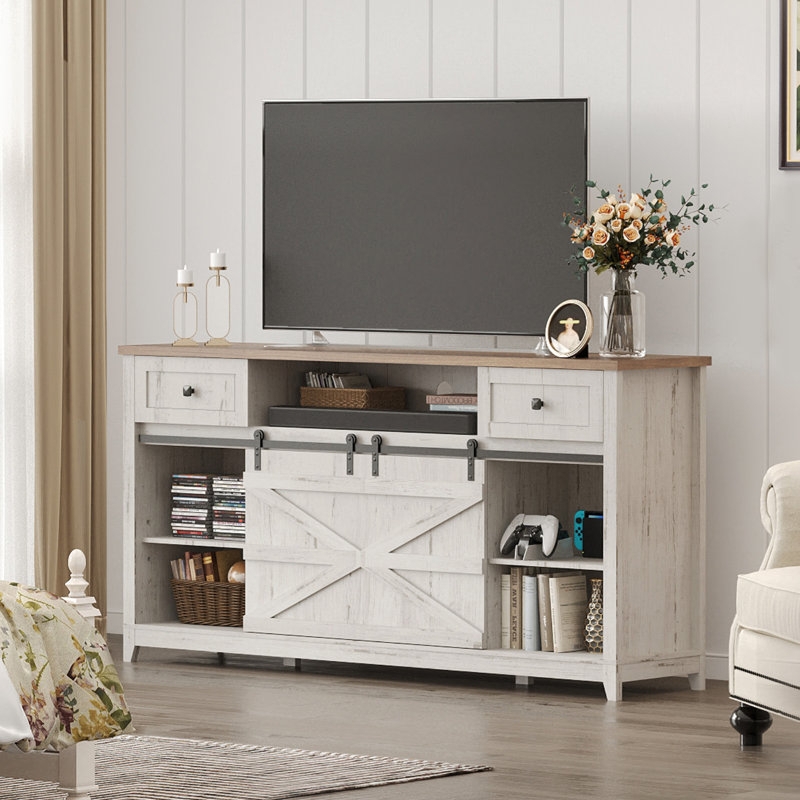 TV Stand in Tall Profile with Two-Tone White and Light Brown Finish