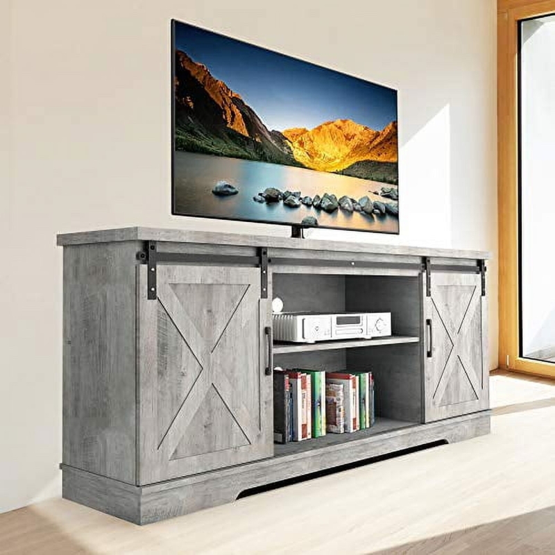 TV Stand in Weathered Gray with Black Track Hardware & Barn Doors