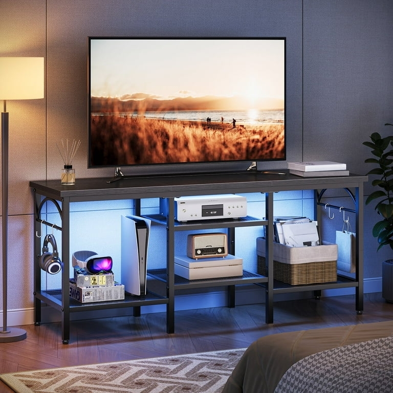 TV Stand Industrial Black Mesh Gaming Hub with Blue LED & Side Hooks