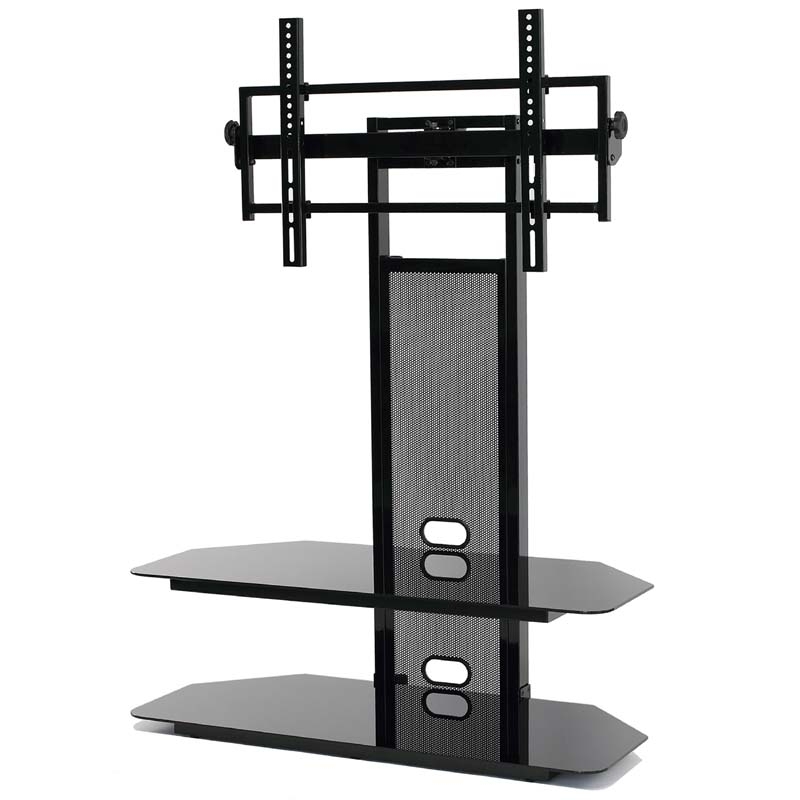 TV Stand, Integrated Flat Panel Mount, Black Glass Shelves, Perforated Panel.