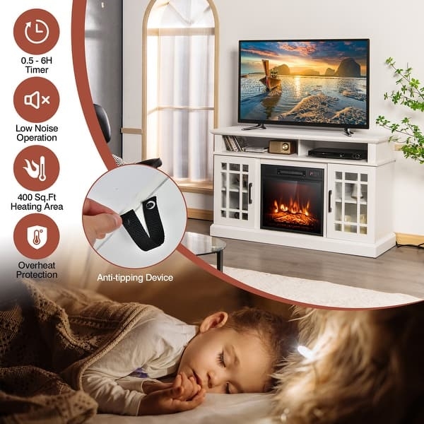 TV Stand Lattice Glass Doors Electric Fireplace Transitional Console