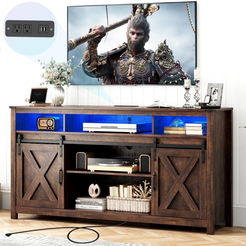 TV Stand LED with Blue Accents, Sliding Barn Doors, and Power Strip