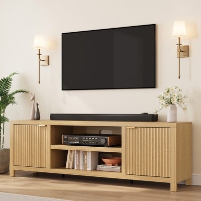 TV Stand Light Oak Finish featuring Fluted Doors and Gold Hardware