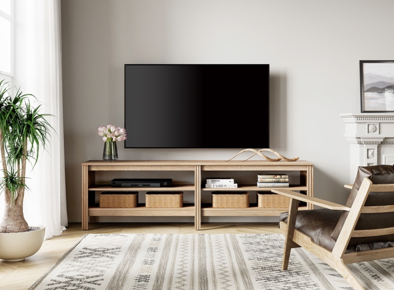 TV Stand Light Oak Finish Wide Profile Open Shelving Scandinavian Style