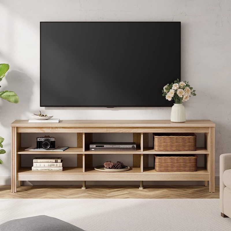 TV Stand Light Oak Six Open Compartments Scandinavian Minimalist Style