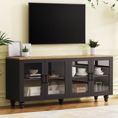 TV Stand Matte Black Bun Feet Glass Cabinet Doors Two Tone