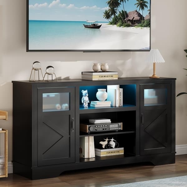 TV Stand Matte Black Farmhouse X-Brace Doors with Blue LED Accents