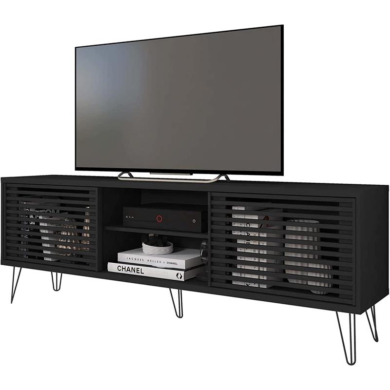 TV Stand Matte Black Hairpin Legs Slatted Doors Hairpin Leg Media Cabinet