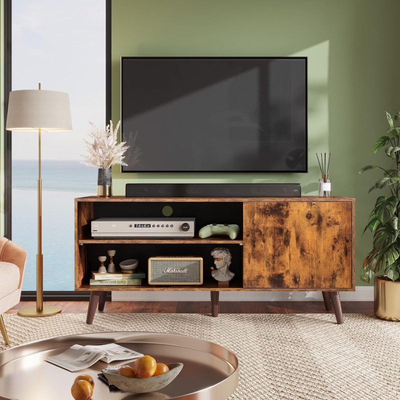TV Stand Mid-Century Modern Distressed Wood with Sliding Door