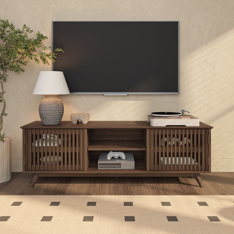 TV Stand Mid Century Modern Slatted Door Media Console Dark Wood