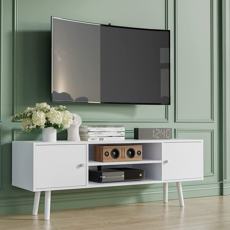 TV Stand Mid-Century Modern White Monochrome with Tapered Legs