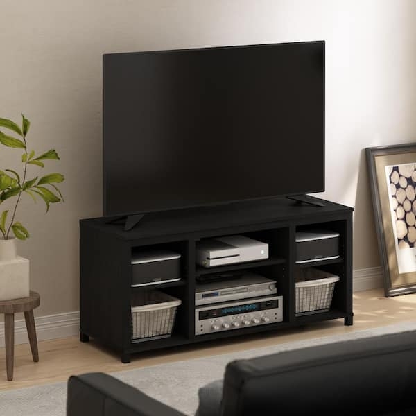 TV Stand Minimalist Matte Black Low-Profile Six-Compartment Cubby Layout