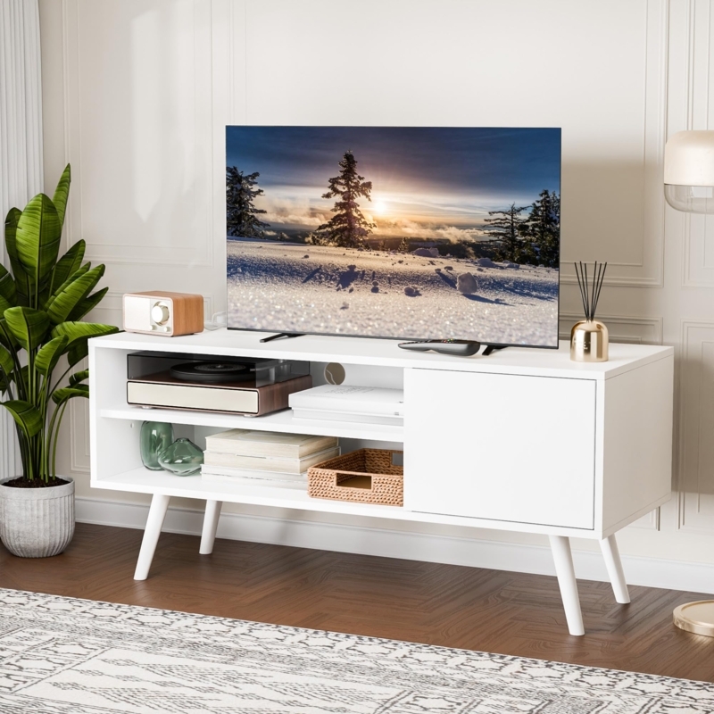 TV Stand Minimalist Silhouette White Finish Tapered Legs Media Console