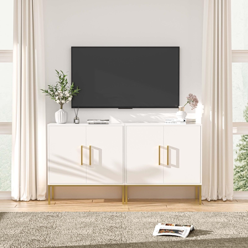 TV Stand Minimalist White Four-Door Cabinet with Slim Gold Base & Pulls