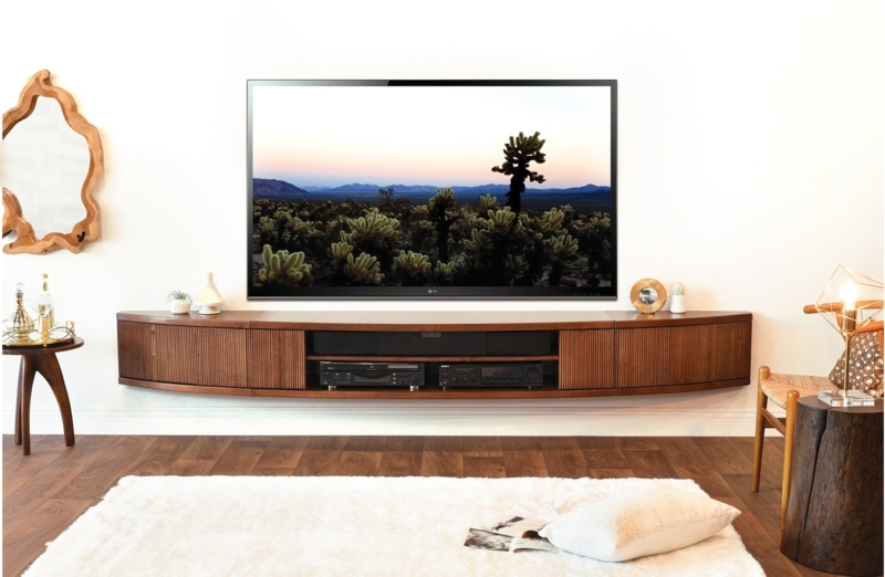 TV Stand Mocha Brown Curved Ends Mid-Century Modern Ribbed Console