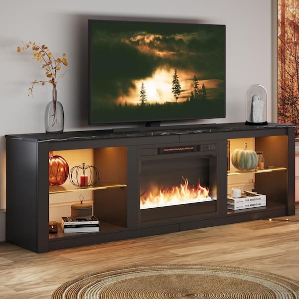 Tv Stand Modern Fireplace Console Marble Top Amber LEDs