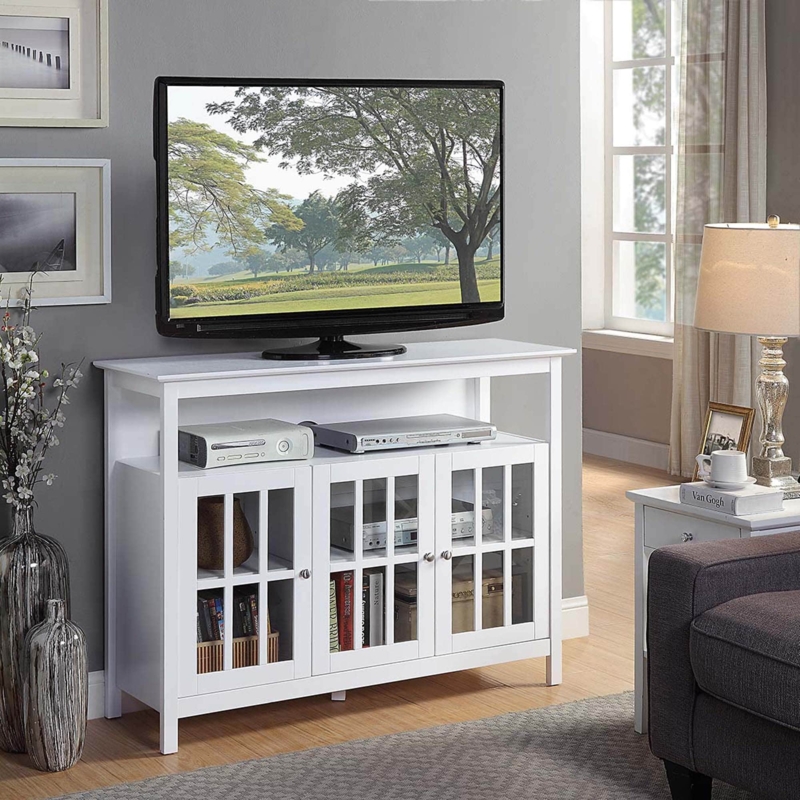 TV Stand Open Media Shelf Glass-Paneled Doors Transitional Console