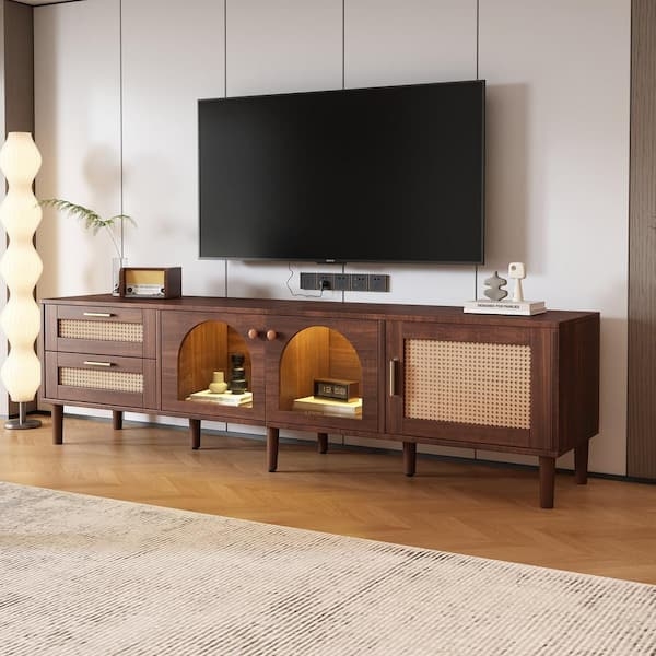TV Stand Rattan Dark Brown with Arched Lighted Cabinets