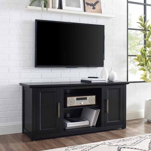 TV Stand Recessed Panel Doors Matte Black Finish Low Profile Console