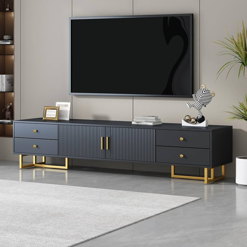 TV Stand Ribbed Surface Gold Legs Modern Media Console Gold Legs