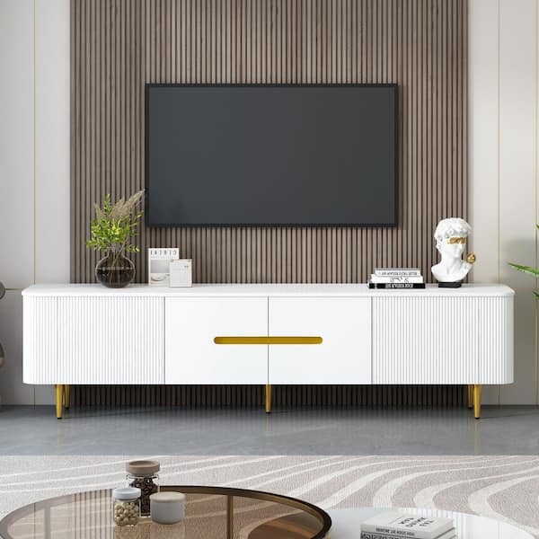 TV Stand Ribbed Surface Gold Tapered Legs Modern Glam